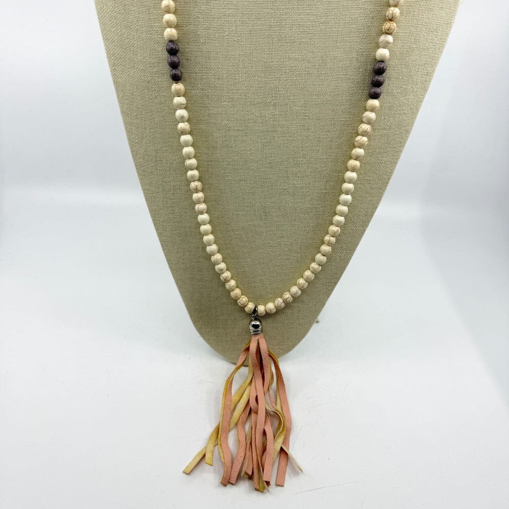Boho White Howlite Bead Long Necklace Pink Faux Leather Tassel Statement